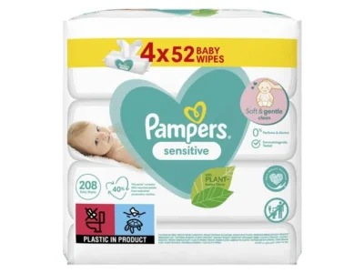 Pampers Sensitive Dětské vlhčené ubrousky pro citlivou pokožku (4× 52 ks)